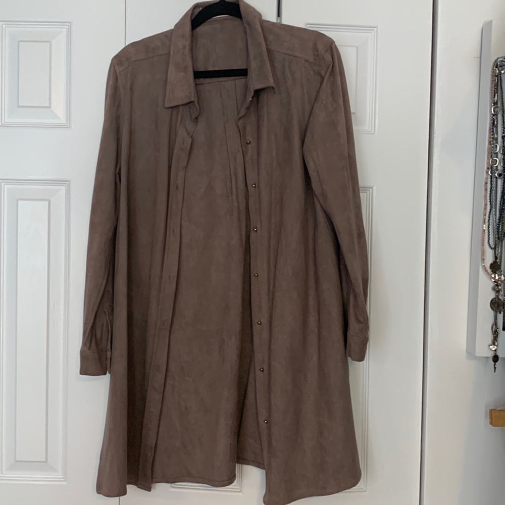 Gorgeous suede like long shirt stretchy with side slits and button down front